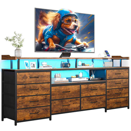 Tarpon Furniture 63 Inch TV Stand with LED Lights and Power Outlets Long Dresser with 12 Fabric Drawers and Shelves for Bedroom