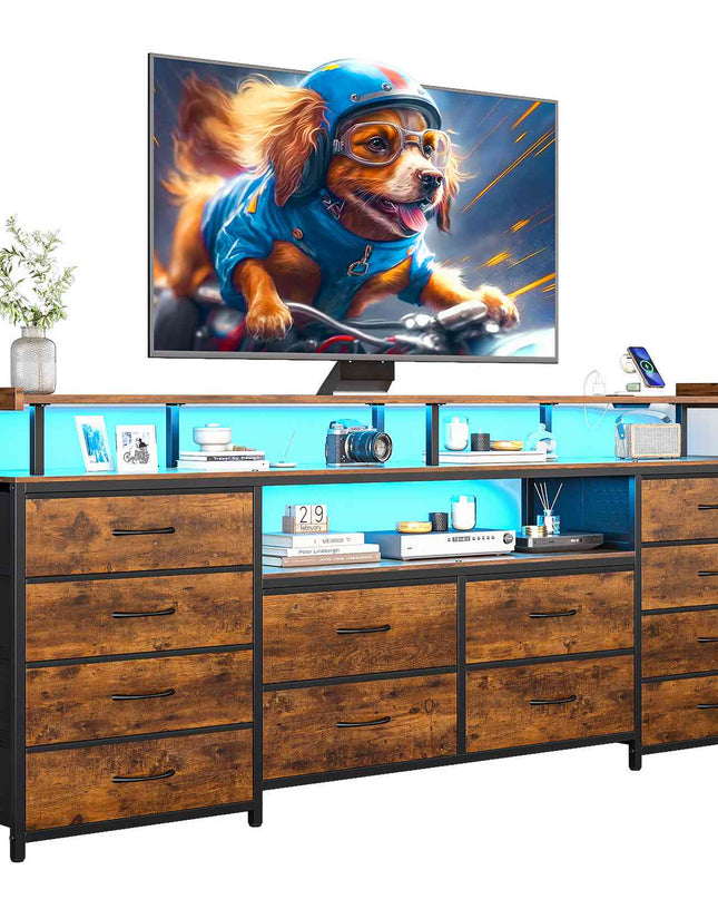 Tarpon Furniture 63 Inch TV Stand with LED Lights and Power Outlets Long Dresser with 12 Fabric Drawers and Shelves for Bedroom