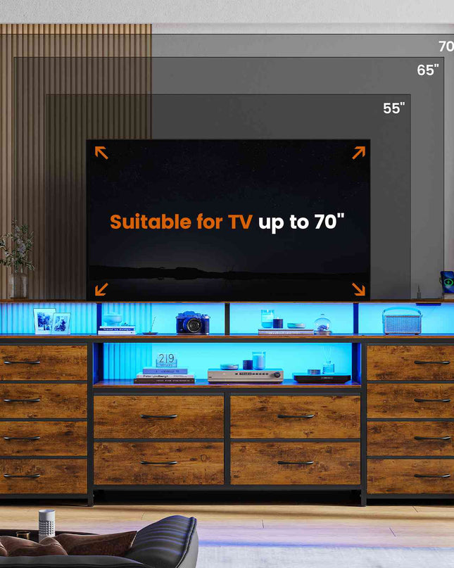 Tarpon Furniture 63 Inch TV Stand with LED Lights and Power Outlets Long Dresser with 12 Fabric Drawers and Shelves for Bedroom