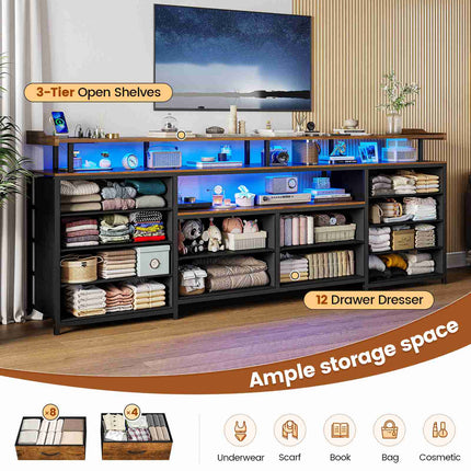 Tarpon Furniture 63 Inch TV Stand with LED Lights and Power Outlets Long Dresser with 12 Fabric Drawers and Shelves for Bedroom