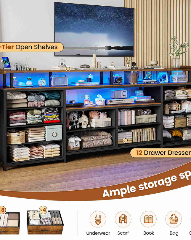 Tarpon Furniture 63 Inch TV Stand with LED Lights and Power Outlets Long Dresser with 12 Fabric Drawers and Shelves for Bedroom