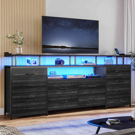 Tarpon Furniture 63 Inch TV Stand with LED Lights and Power Outlets Long Dresser with 12 Fabric Drawers and Shelves for Bedroom