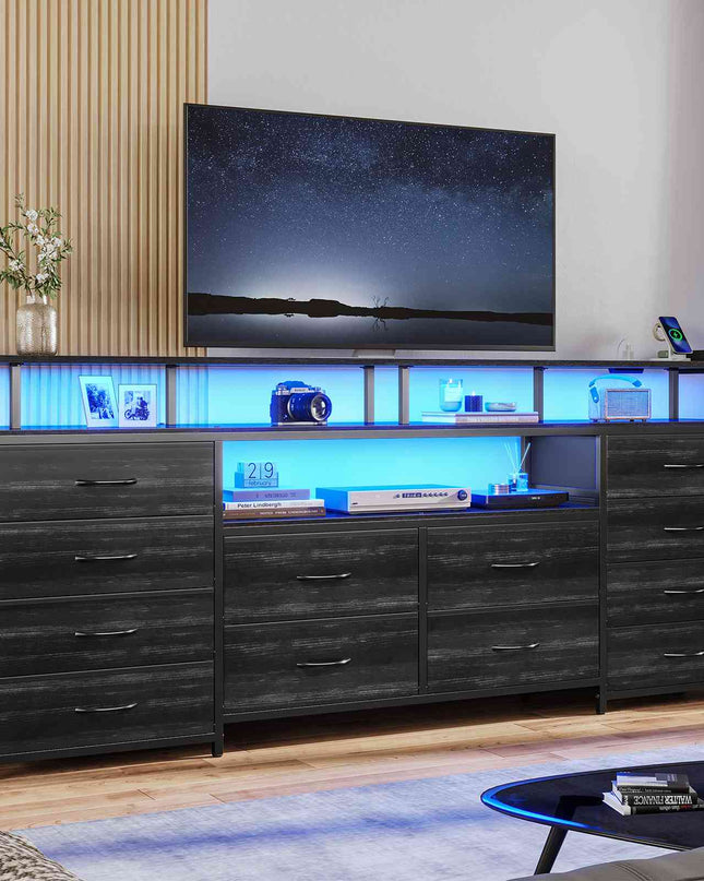 Tarpon Furniture 63 Inch TV Stand with LED Lights and Power Outlets Long Dresser with 12 Fabric Drawers and Shelves for Bedroom