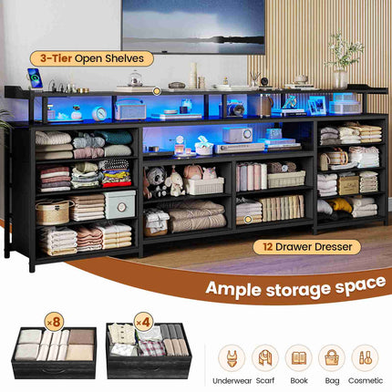 Tarpon Furniture 63 Inch TV Stand with LED Lights and Power Outlets Long Dresser with 12 Fabric Drawers and Shelves for Bedroom