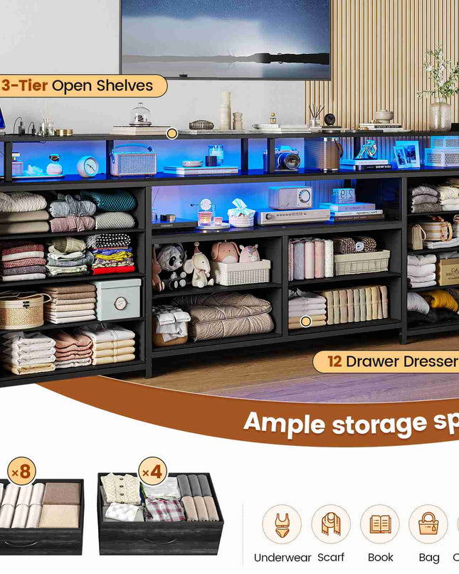 Tarpon Furniture 63 Inch TV Stand with LED Lights and Power Outlets Long Dresser with 12 Fabric Drawers and Shelves for Bedroom