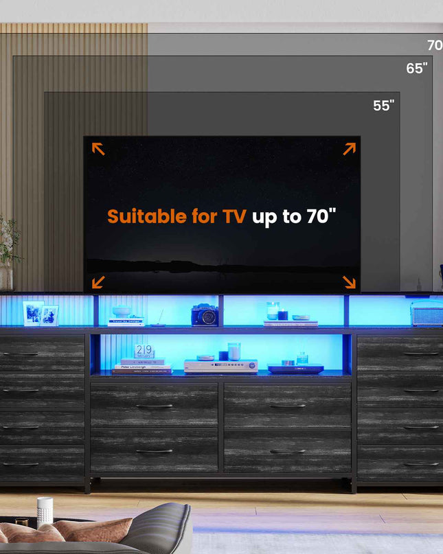 Tarpon Furniture 63 Inch TV Stand with LED Lights and Power Outlets Long Dresser with 12 Fabric Drawers and Shelves for Bedroom