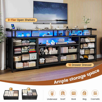 Tarpon Furniture 63 Inch TV Stand with LED Lights and Power Outlets Long Dresser with 12 Fabric Drawers and Shelves for Bedroom