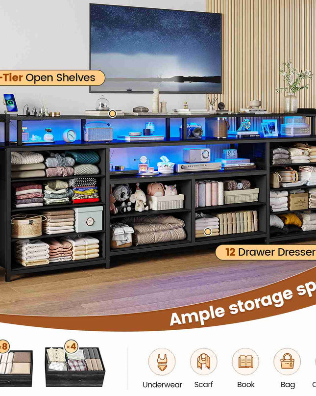 Tarpon Furniture 63 Inch TV Stand with LED Lights and Power Outlets Long Dresser with 12 Fabric Drawers and Shelves for Bedroom