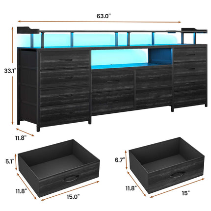 Tarpon Furniture 63 Inch TV Stand with LED Lights and Power Outlets Long Dresser with 12 Fabric Drawers and Shelves for Bedroom