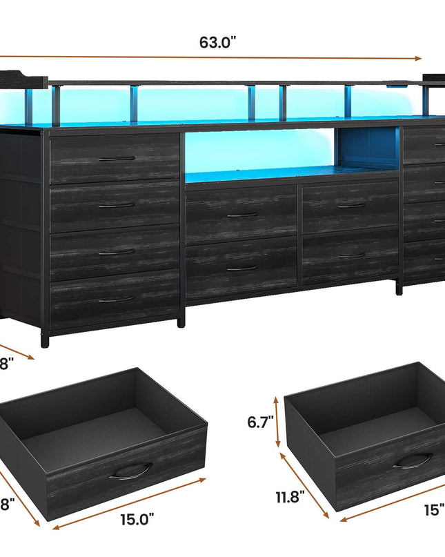 Tarpon Furniture 63 Inch TV Stand with LED Lights and Power Outlets Long Dresser with 12 Fabric Drawers and Shelves for Bedroom