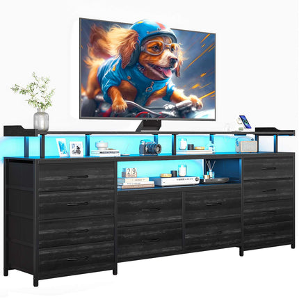 Tarpon Furniture 63 Inch TV Stand with LED Lights and Power Outlets Long Dresser with 12 Fabric Drawers and Shelves for Bedroom