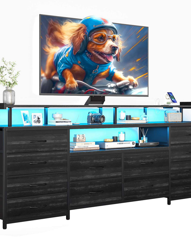 Tarpon Furniture 63 Inch TV Stand with LED Lights and Power Outlets Long Dresser with 12 Fabric Drawers and Shelves for Bedroom