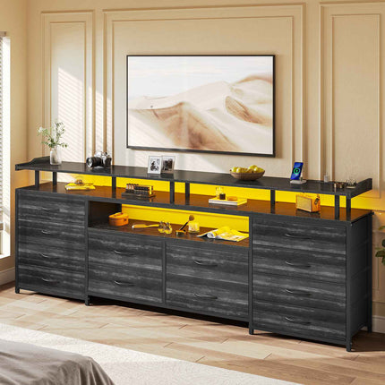 Tarpon Furniture 63 Inch TV Stand with LED Lights and Power Outlets Long Dresser with 12 Fabric Drawers and Shelves for Bedroom
