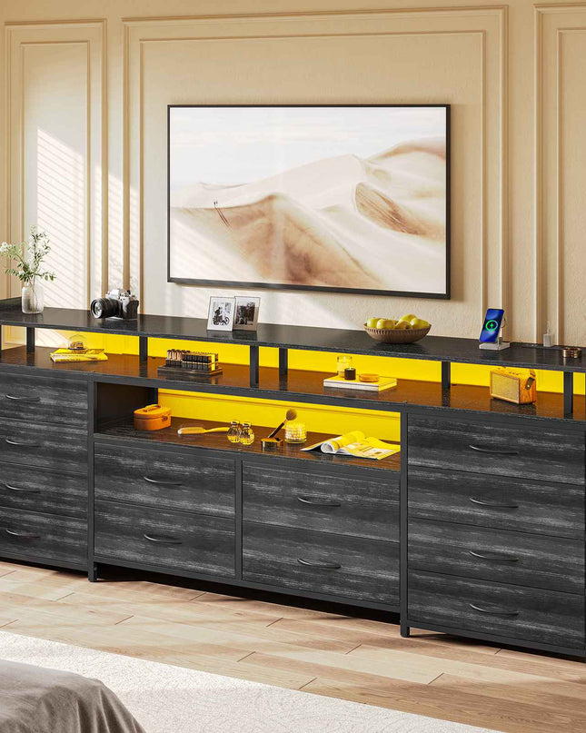 Tarpon Furniture 63 Inch TV Stand with LED Lights and Power Outlets Long Dresser with 12 Fabric Drawers and Shelves for Bedroom