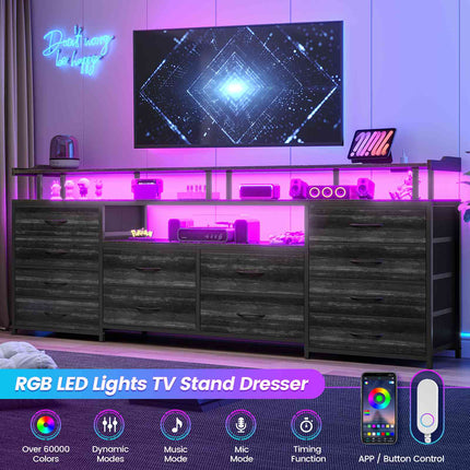 Tarpon Furniture 63 Inch TV Stand with LED Lights and Power Outlets Long Dresser with 12 Fabric Drawers and Shelves for Bedroom