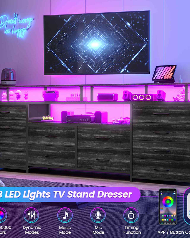 Tarpon Furniture 63 Inch TV Stand with LED Lights and Power Outlets Long Dresser with 12 Fabric Drawers and Shelves for Bedroom