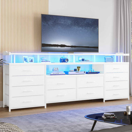 Tarpon Furniture 63 Inch TV Stand with LED Lights and Power Outlets Long Dresser with 12 Fabric Drawers and Shelves for Bedroom