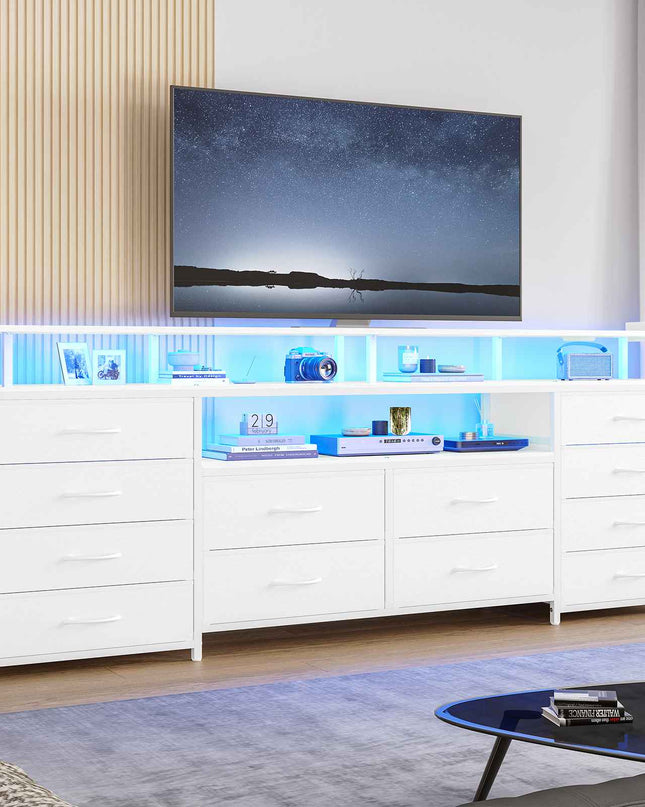 Tarpon Furniture 63 Inch TV Stand with LED Lights and Power Outlets Long Dresser with 12 Fabric Drawers and Shelves for Bedroom
