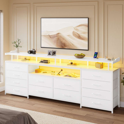 Tarpon Furniture 63 Inch TV Stand with LED Lights and Power Outlets Long Dresser with 12 Fabric Drawers and Shelves for Bedroom