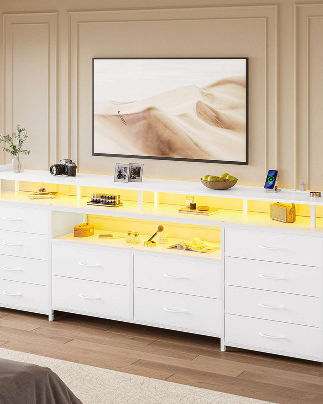 Tarpon Furniture 63 Inch TV Stand with LED Lights and Power Outlets Long Dresser with 12 Fabric Drawers and Shelves for Bedroom