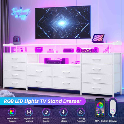 Tarpon Furniture 63 Inch TV Stand with LED Lights and Power Outlets Long Dresser with 12 Fabric Drawers and Shelves for Bedroom