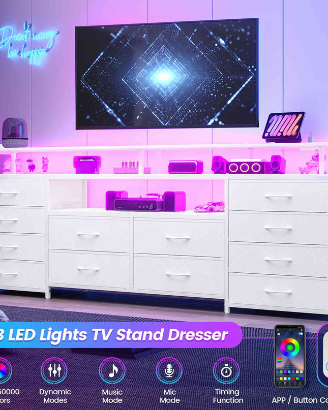Tarpon Furniture 63 Inch TV Stand with LED Lights and Power Outlets Long Dresser with 12 Fabric Drawers and Shelves for Bedroom
