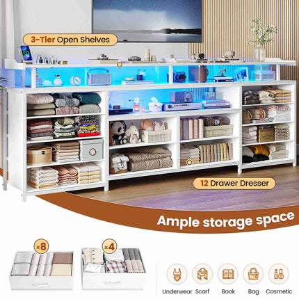 Tarpon Furniture 63 Inch TV Stand with LED Lights and Power Outlets Long Dresser with 12 Fabric Drawers and Shelves for Bedroom