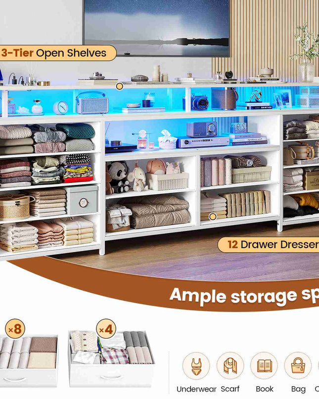 Tarpon Furniture 63 Inch TV Stand with LED Lights and Power Outlets Long Dresser with 12 Fabric Drawers and Shelves for Bedroom