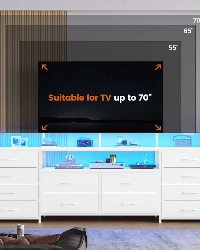 Tarpon Furniture 63 Inch TV Stand with LED Lights and Power Outlets Long Dresser with 12 Fabric Drawers and Shelves for Bedroom