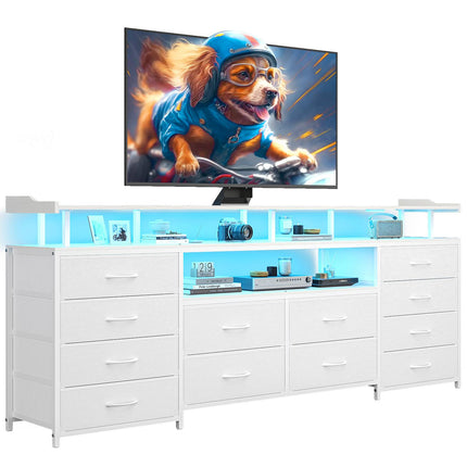Tarpon Furniture 63 Inch TV Stand with LED Lights and Power Outlets Long Dresser with 12 Fabric Drawers and Shelves for Bedroom