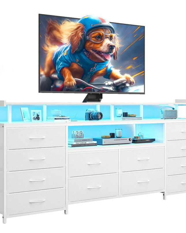 Tarpon Furniture 63 Inch TV Stand with LED Lights and Power Outlets Long Dresser with 12 Fabric Drawers and Shelves for Bedroom