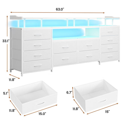 Tarpon Furniture 63 Inch TV Stand with LED Lights and Power Outlets Long Dresser with 12 Fabric Drawers and Shelves for Bedroom