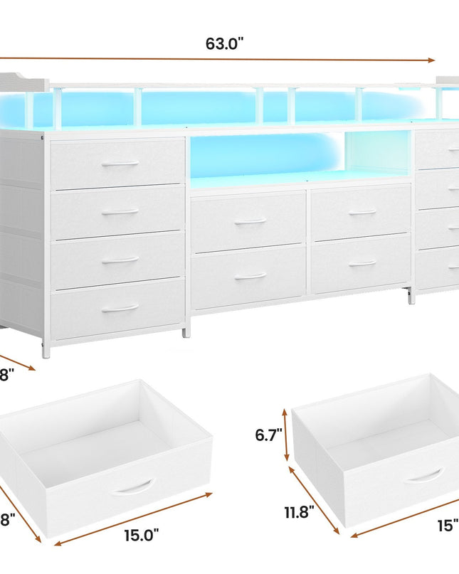 Tarpon Furniture 63 Inch TV Stand with LED Lights and Power Outlets Long Dresser with 12 Fabric Drawers and Shelves for Bedroom