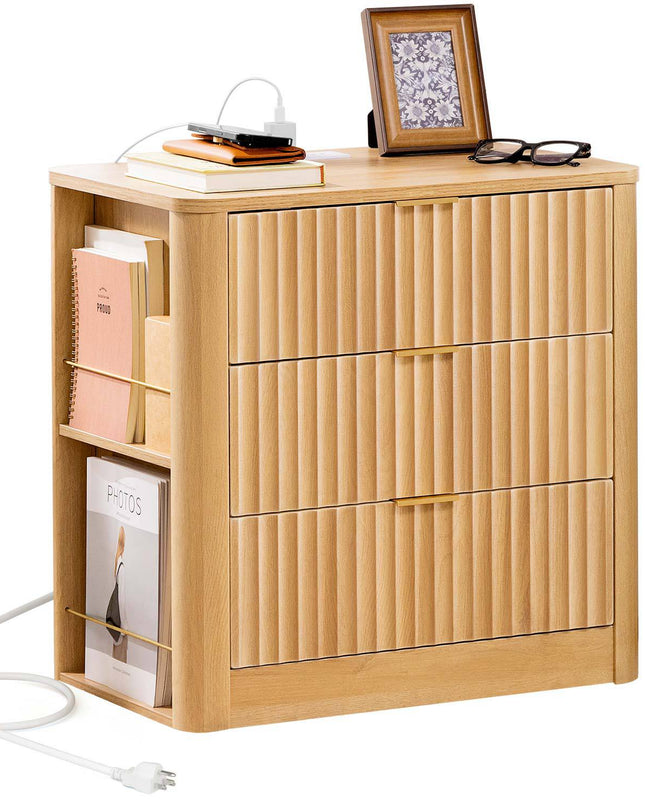 Tarpon Furniture 23.6 Inch Nightstand with Charging Station Modern Fluted Night Stand with 3 Drawers  End Table with Side Storage Shelves