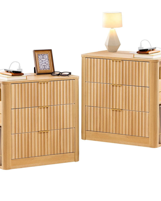 Tarpon Furniture 23.6 Inch Nightstand with Charging Station Modern Fluted Night Stand with 3 Drawers  End Table with Side Storage Shelves