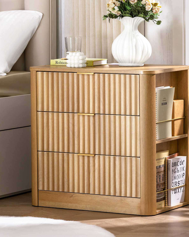 Tarpon Furniture 23.6 Inch Nightstand with Charging Station Modern Fluted Night Stand with 3 Drawers  End Table with Side Storage Shelves