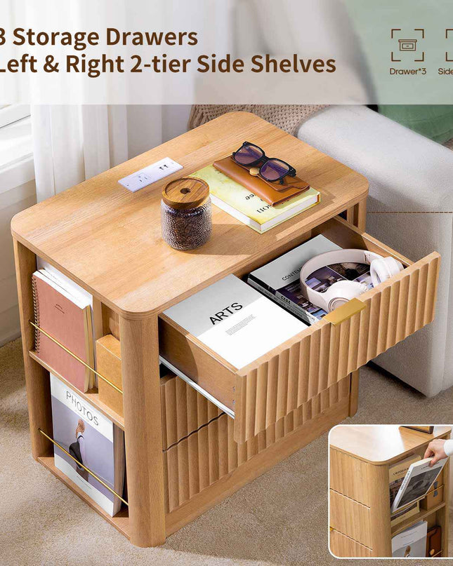 Tarpon Furniture 23.6 Inch Nightstand with Charging Station Modern Fluted Night Stand with 3 Drawers  End Table with Side Storage Shelves