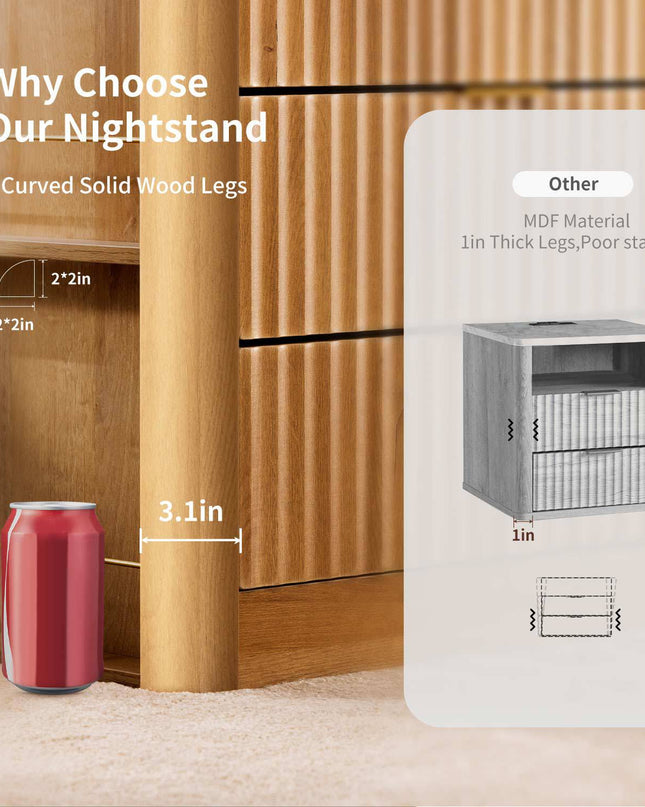Tarpon Furniture 23.6 Inch Nightstand with Charging Station Modern Fluted Night Stand with 3 Drawers  End Table with Side Storage Shelves