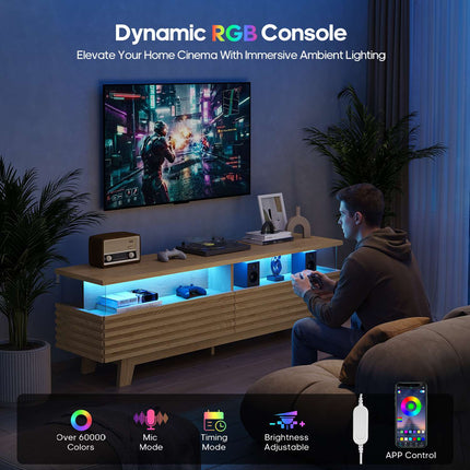 Tarpon Furniture 59 Inch TV Stand with Cable Management and Hidden Power Station Fluted Modern TV Cabinet with Storage and LED Lights