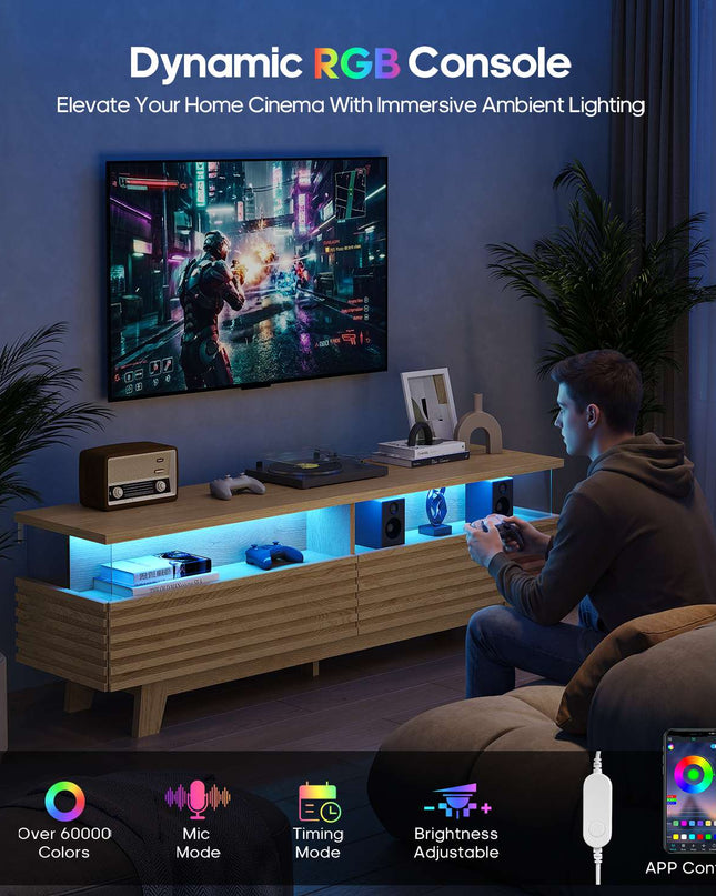 Tarpon Furniture 59 Inch TV Stand with Cable Management and Hidden Power Station Fluted Modern TV Cabinet with Storage and LED Lights