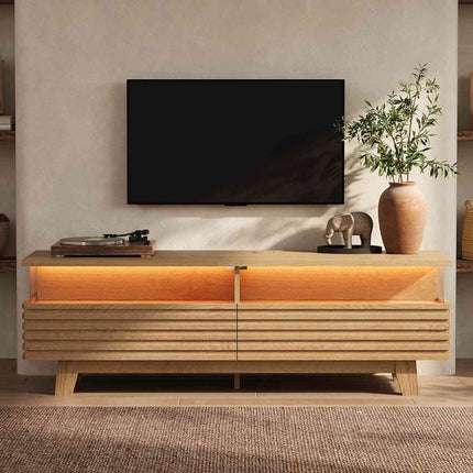 Tarpon Furniture 59 Inch TV Stand with Cable Management and Hidden Power Station Fluted Modern TV Cabinet with Storage and LED Lights