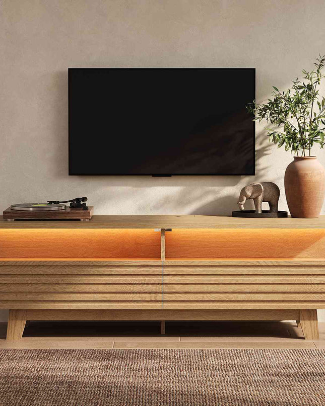 Tarpon Furniture 59 Inch TV Stand with Cable Management and Hidden Power Station Fluted Modern TV Cabinet with Storage and LED Lights