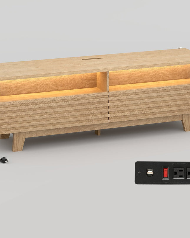Tarpon Furniture 59 Inch TV Stand with Cable Management and Hidden Power Station Fluted Modern TV Cabinet with Storage and LED Lights