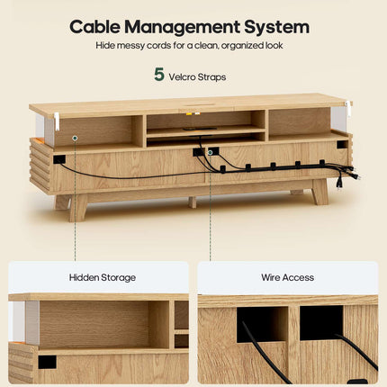 Tarpon Furniture 59 Inch TV Stand with Cable Management and Hidden Power Station Fluted Modern TV Cabinet with Storage and LED Lights
