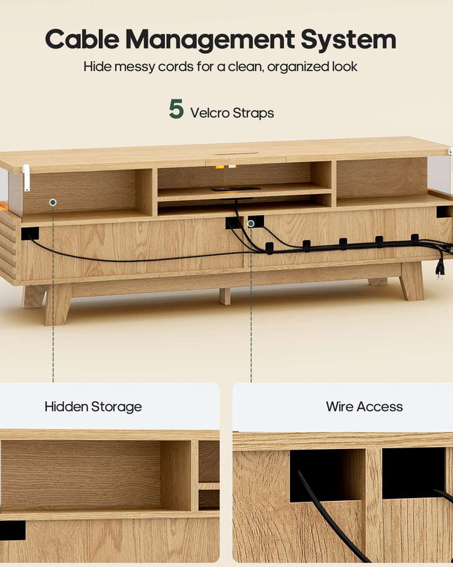 Tarpon Furniture 59 Inch TV Stand with Cable Management and Hidden Power Station Fluted Modern TV Cabinet with Storage and LED Lights