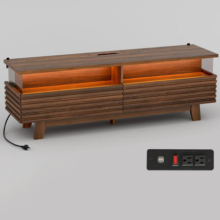 Tarpon Furniture 59 Inch TV Stand with Cable Management and Hidden Power Station Fluted Modern TV Cabinet with Storage and LED Lights