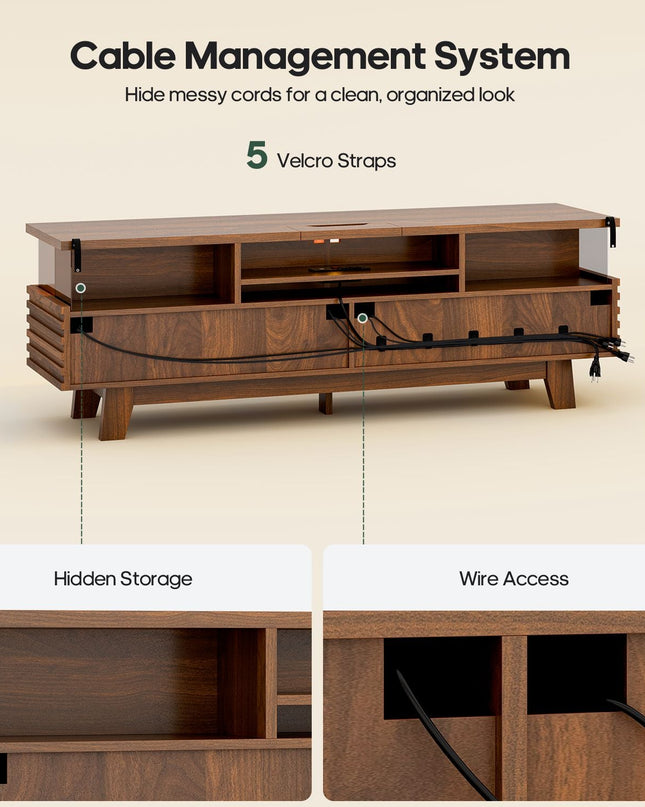 Tarpon Furniture 59 Inch TV Stand with Cable Management and Hidden Power Station Fluted Modern TV Cabinet with Storage and LED Lights