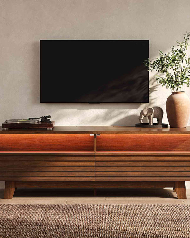Tarpon Furniture 59 Inch TV Stand with Cable Management and Hidden Power Station Fluted Modern TV Cabinet with Storage and LED Lights