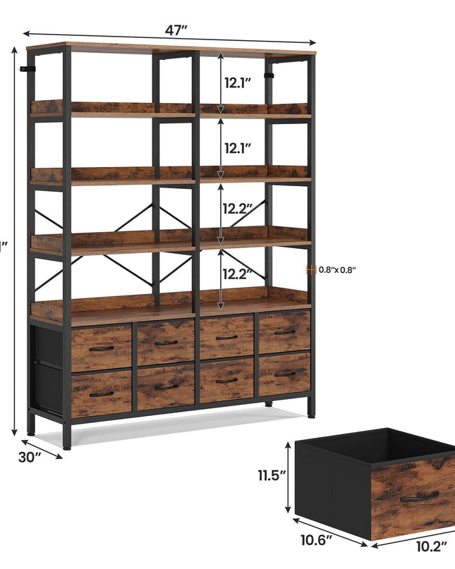 Tarpon Furniture Bookshelf with 8 Fabric Drawers  Industrial Book Shelf 7-Tier Bookcase with Baffles Shelves for Living Room Home Office