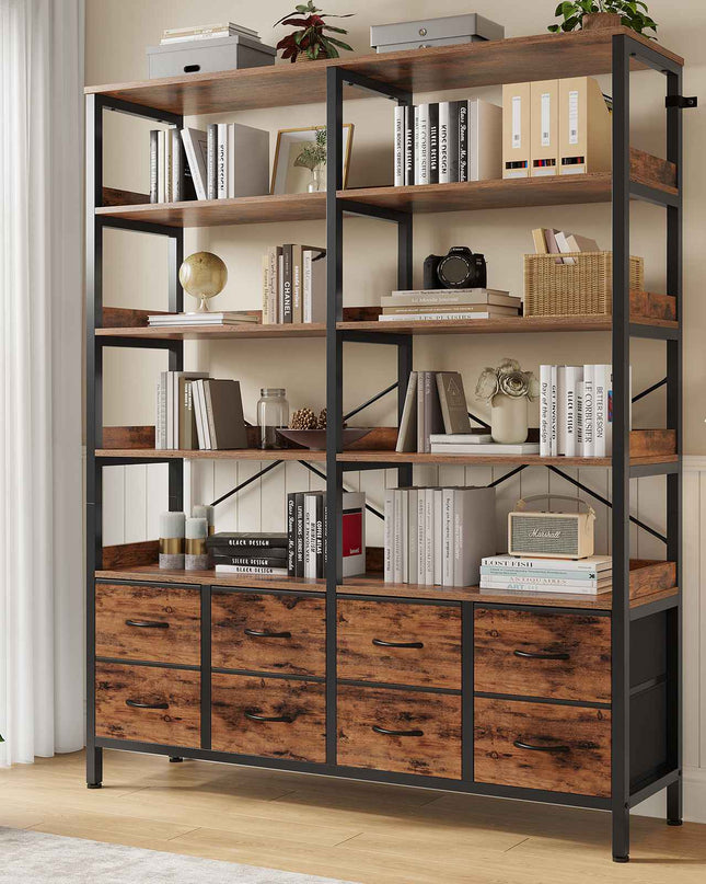 Tarpon Furniture Bookshelf with 8 Fabric Drawers  Industrial Book Shelf 7-Tier Bookcase with Baffles Shelves for Living Room Home Office